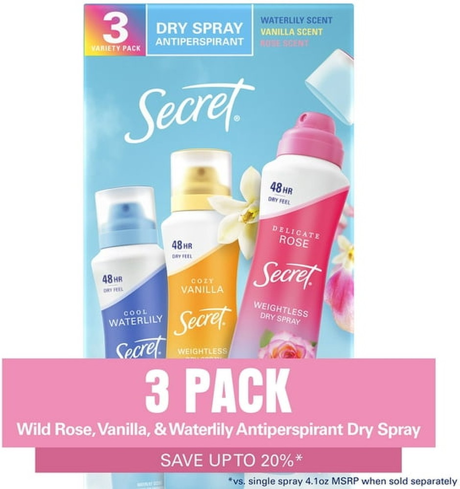 Dry Spray Women's Antiperspirant Deodorant, Vanilla, Wild Rose & Waterlily, 4.1 oz., 3 pk.