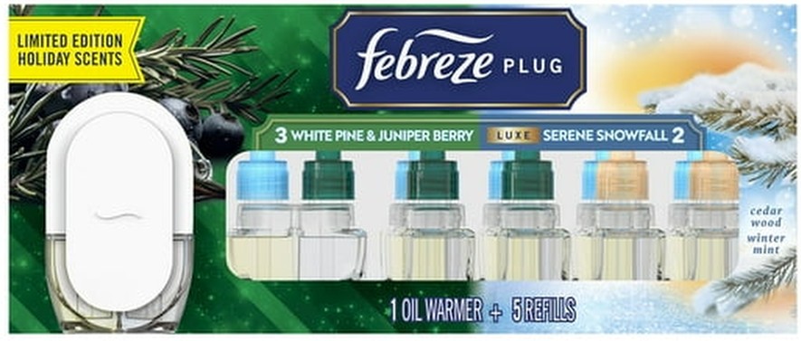 PLUG Air Freshener, White Pine & Juniper Berry & Serene Snowfall Holiday Scents, 1 Warmer + 5 Refills, 4.35 fl. oz.