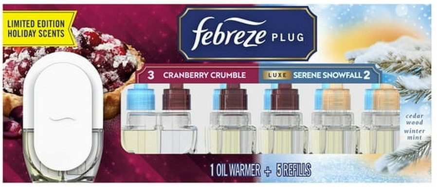 PLUG Air Freshener, Cranberry Crumble & Serene Snowfall Holiday Scents, 1 Warmer + 5 Refills, 4.35 fl. oz.