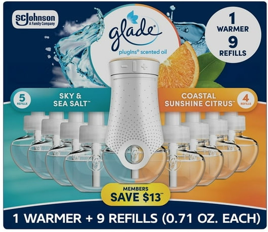 PlugIns Scented Oil, Coastal Citrus Sunshine with Sky & Sea Salt, 1 warmer + 9 refills