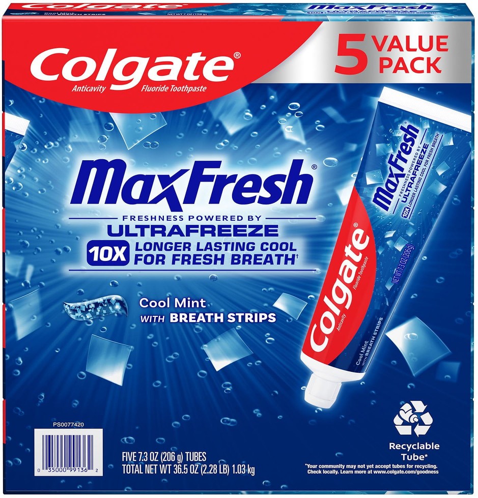 MaxFresh Toothpaste with Mini Breath Strips, Cool Mint, 7.3 oz., 5 pk