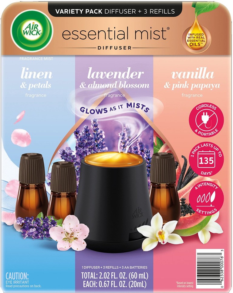 Essential Mist Cordless Oil Diffuser, Fragrance Variety Pack, 1 Diffuser + 3 Refills