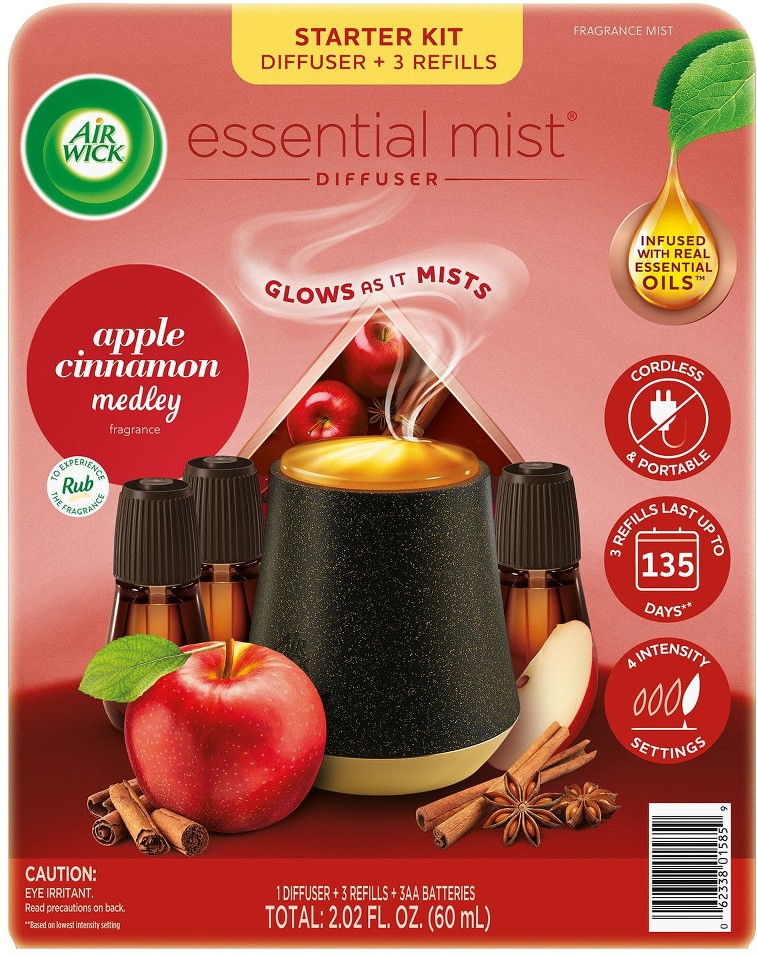 Essential Mist Cordless Oil Diffuser, Apple Cinnamon Medley, 1 diffuser + 3 refills