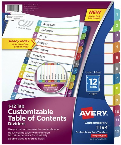 11150 12-Tab Set Ready Index Table of Contents Dividers