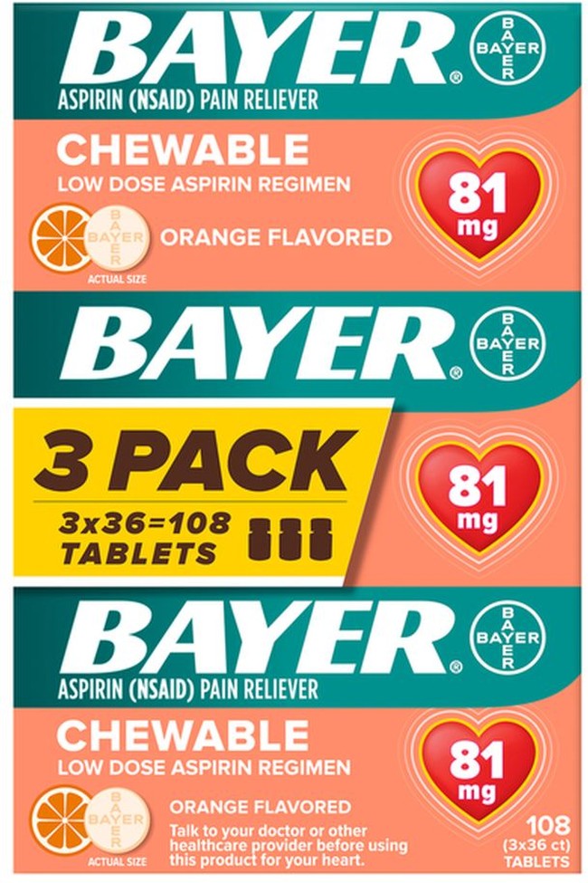 Aspirin, Low Dose, Chewable, 81 mg, Orange Flavored, Tablets, 3 Pack