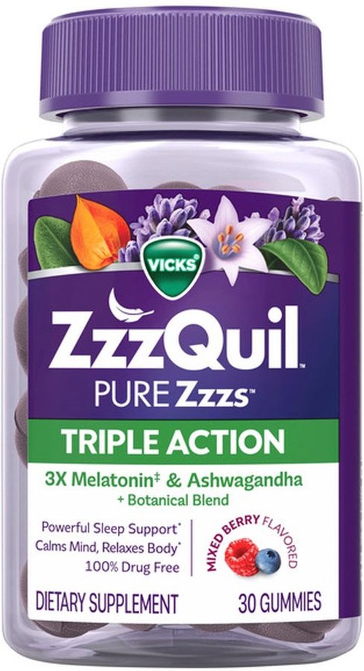 Vicks PURE Zzzs Triple Action Sleep Aid Gummies, with Ashwagandha, Dietary Supplement