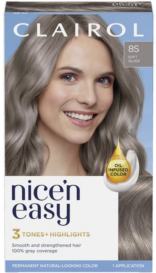 Permanent Hair Color, 3 Tones + Highlights, 8S Soft Silver