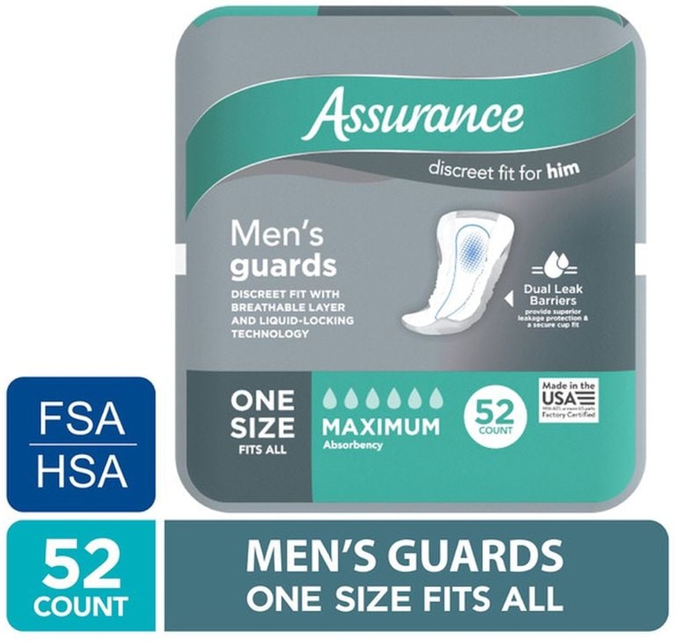 Assurance Maximum Absorbency Men's Guards, One Size Fits All, 52 count