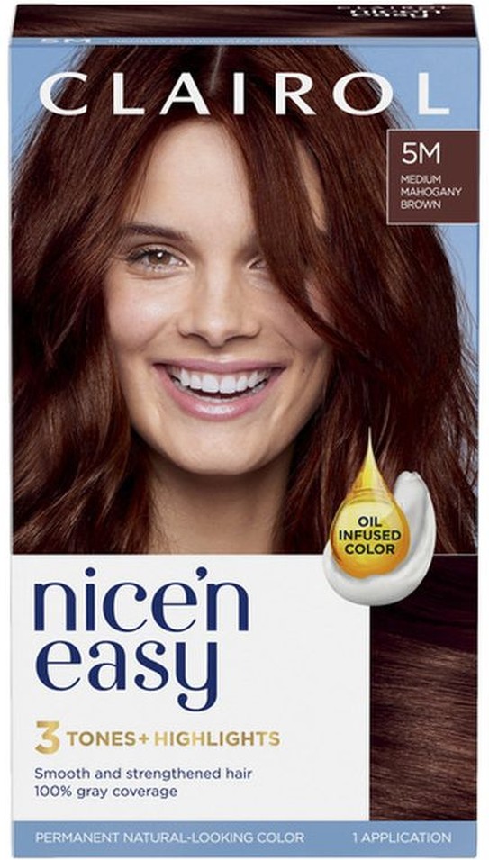 Permanent Hair Color, 3 Tones + Highlights, 5M Medium Mahogany Brown